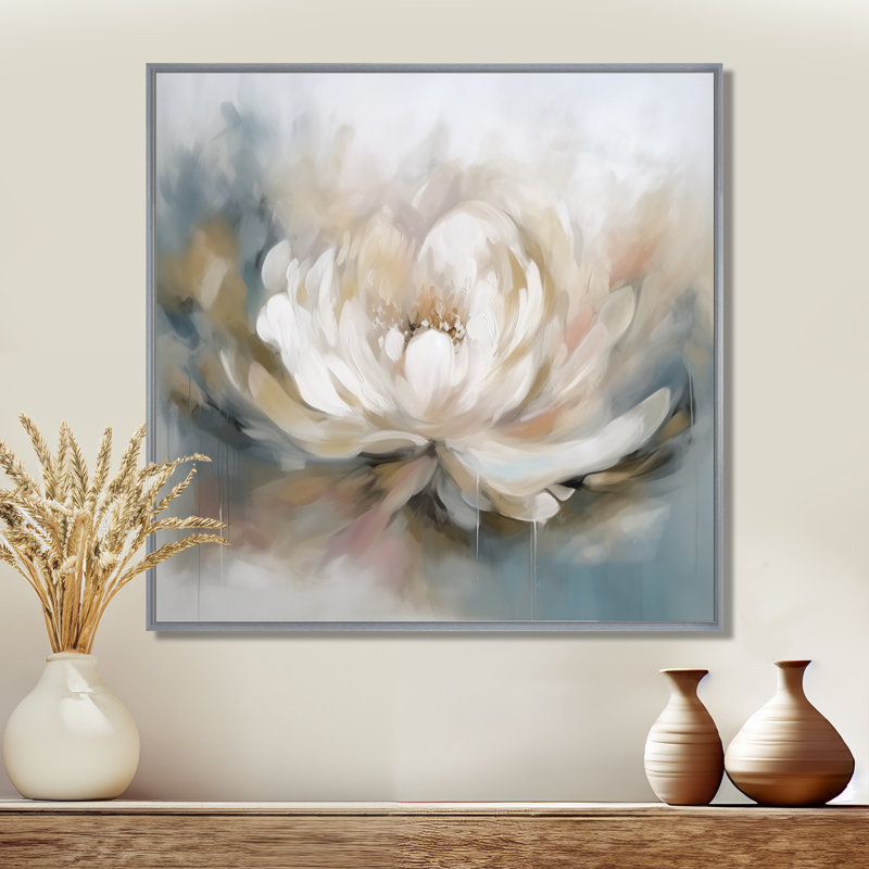 White Lotus Floral Melody, reproduction d'art sur toile, H 24 po x l 24 po, Reproduction avec cadre flottant, Argent argent
