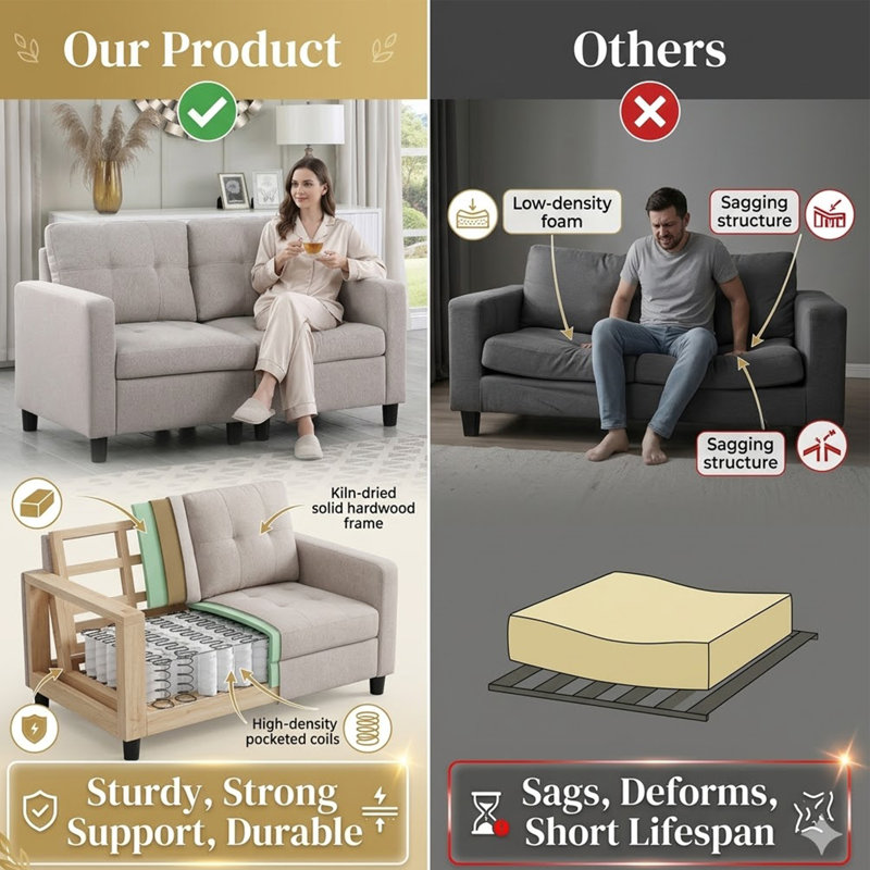 Kentrell 54"W Upholstered Loveseat with Ottoman, Light Gray