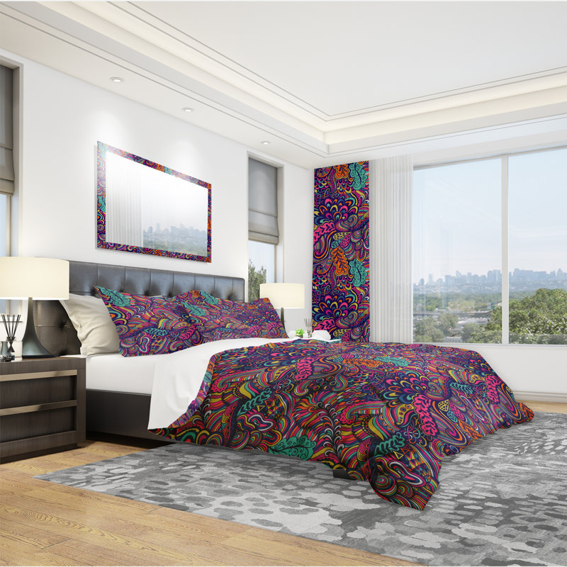 King Multicolor Microfiber Eclectic Floral Duvet Cover Set