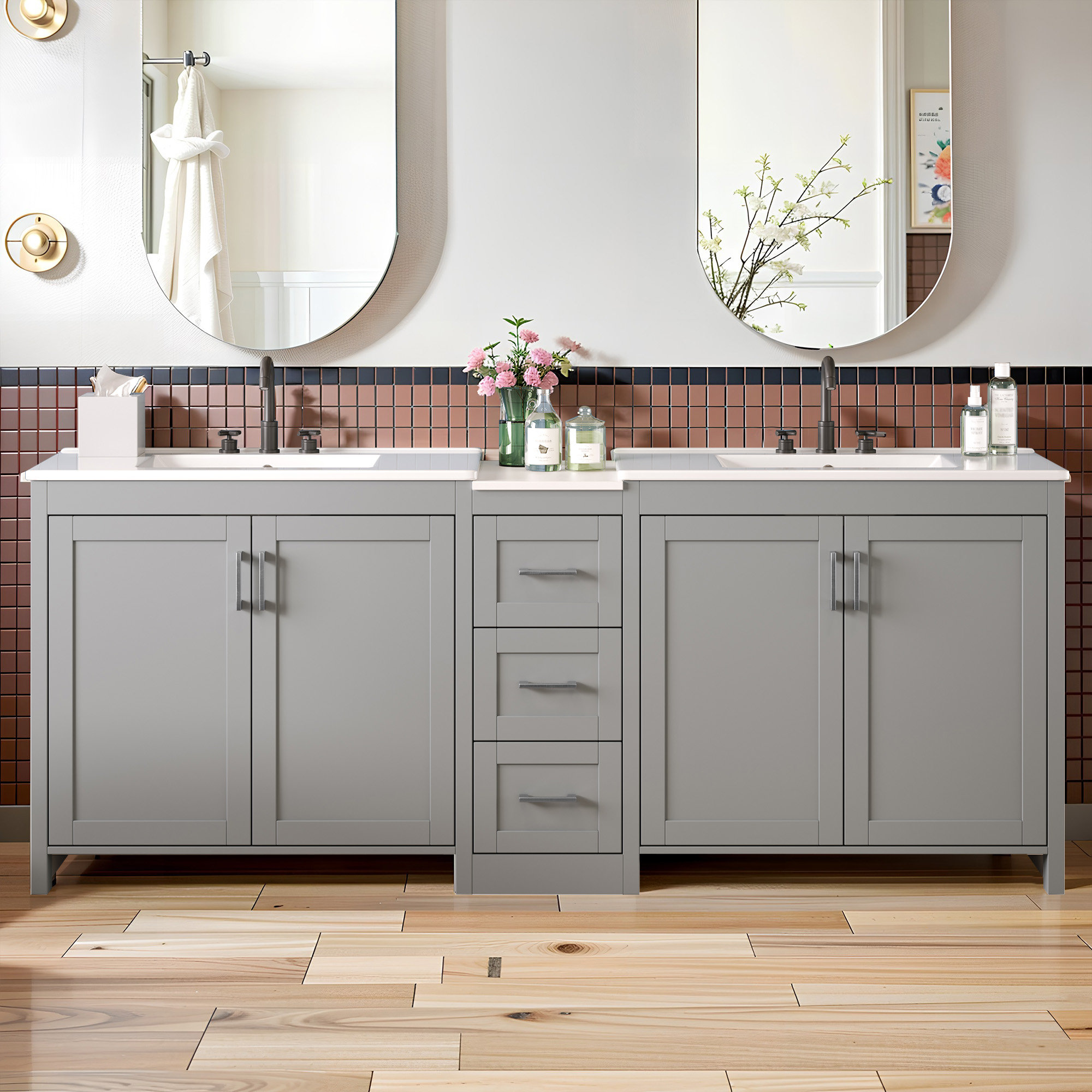 Hokku Designs 84" Double-Sink Bathroom Vanity, 2 Ceramic Sinks ...