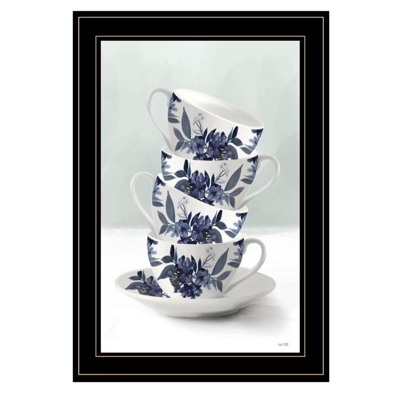 «Tea Tower (Blue)» par House Fenway, reproduction encadrée prête à accrocher, cadre noir, Jantes avec cadre noir