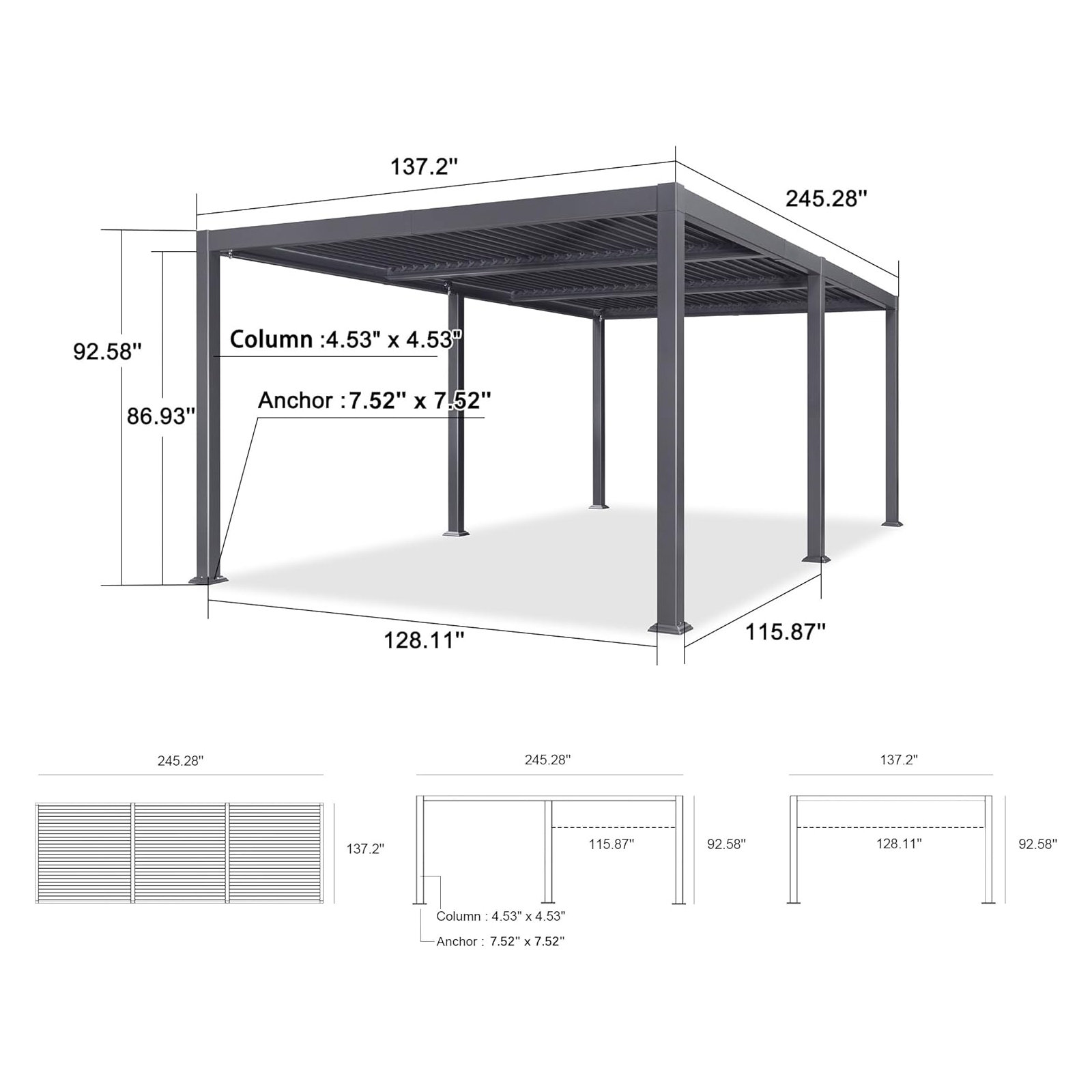 Aluminum Louvered Pergola, 92.58"H x 245.28"W x 137.2"D