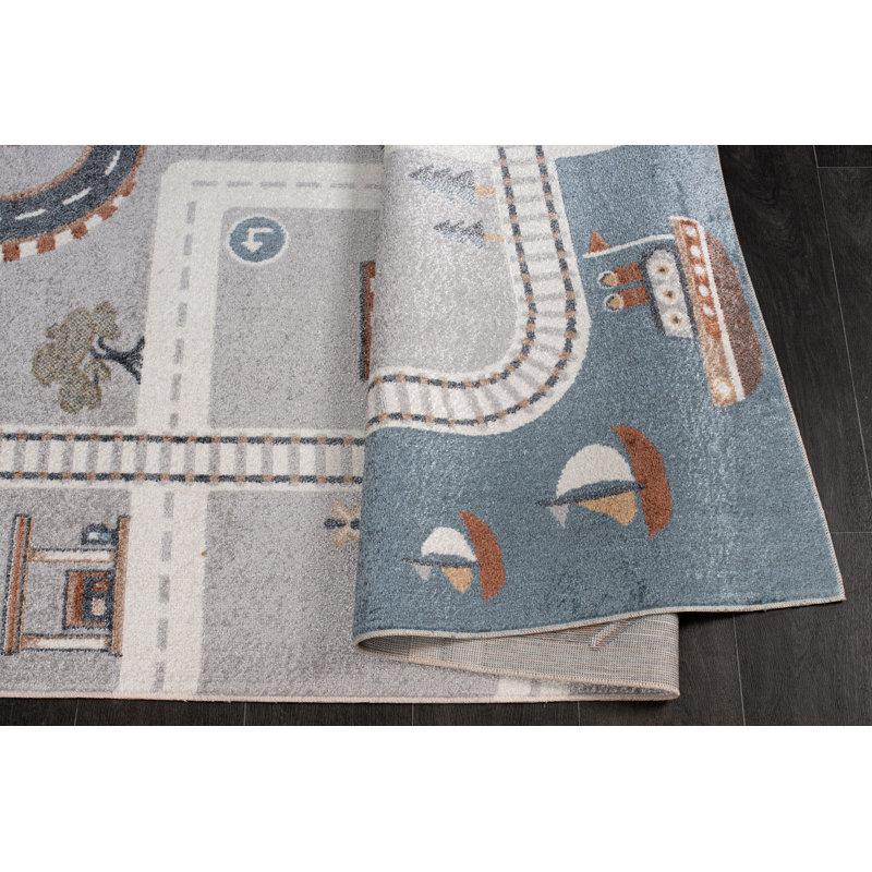 Tapis abstrait en polypropylène / jute tissé à la machine Downton en beige / bleu / gris, Rectangle 5 pi 2 po x 7 pi 6 po