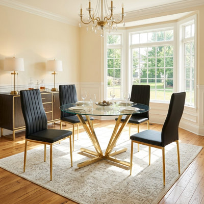 45.2" 5-Pieces Dining Set, Round Glass Dining Table Set for 4, Modern Tempered Glass Table With 4 PU Leather Upholstered Chairs, for Kitchen, Dining Room,  Apartment