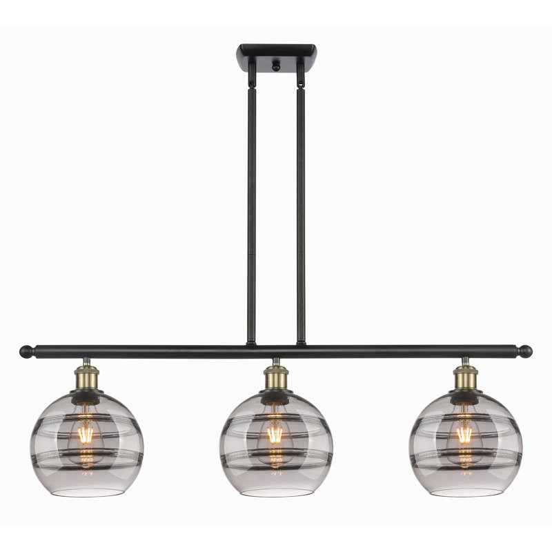 Luminaire suspendu pour îlot de cuisine à 3 lumières Chartoff, Gris fumée clair, Laiton antique noir
