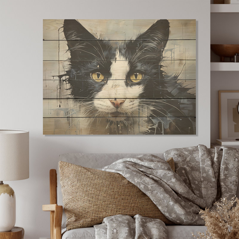 Minimalism Black And White Cat Portrait - Cat Wood Wall Art On Natural Pine Wood, 10" H x 20" W