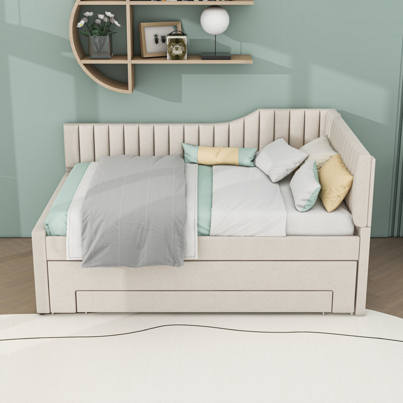 Three Drawers Upholstered Daybed with Trundle, Beige, Full/Double