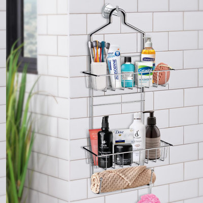 Ultimate Shower Caddy: Overhead Basket Shelf with Hooks for Sponge, Razor, and Shampoo - Stainless Steel Chrome Organizer