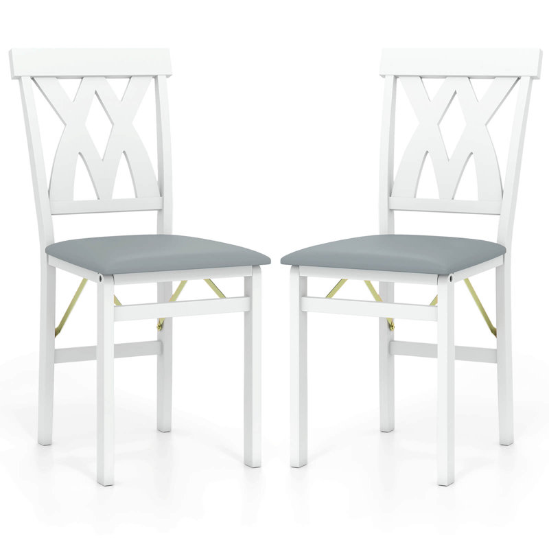 Folding Kitchen Chairs with Rubber Wood Frame Padded Seat PVC Leather, 2, White, Gray