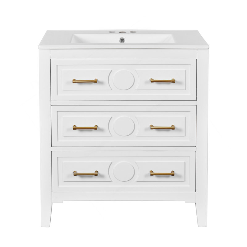 Ensemble de meuble-lavabo simple 30 po avec 3 tiroirs, meuble-lavabo autoportant avec cadre en bois, 30 po, blanc, Blanc