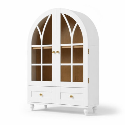 Arched Display Cabinet with Tempered Glass Doors, Wooden Storage Cabinet with Drawers, Solid Wood Legs, and Natural Wood Grain Finish