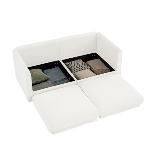 Canapé 2 places en chenille moderne avec siège de rangement et accoudoirs cylindriques en tissu, Chenille blanche