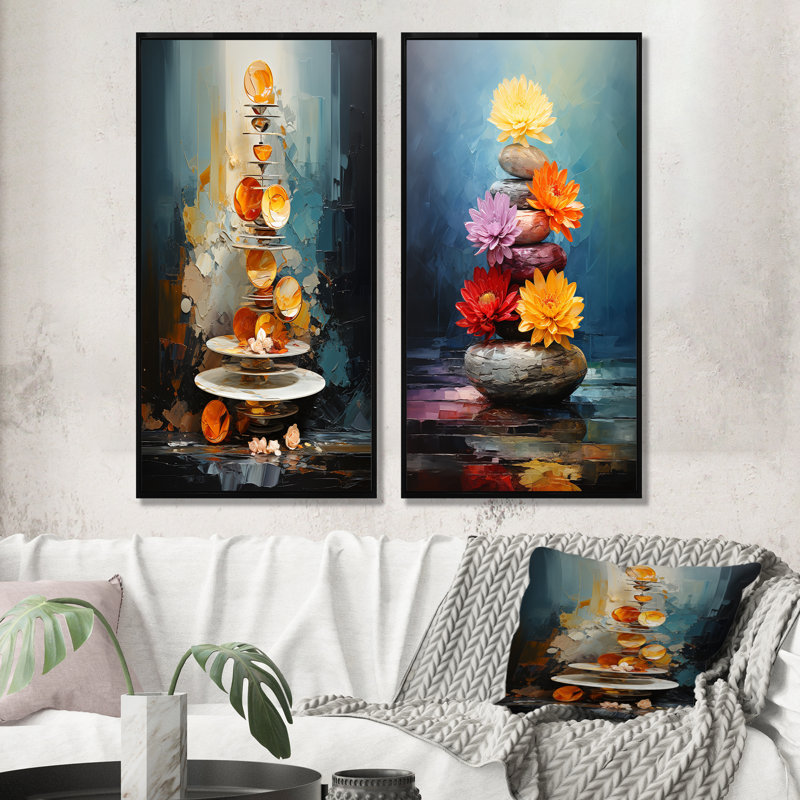 Spiritual Zen Balance Stone I - Ensemble de 2 impressions sur toile Spiritual Stone, H 40 po x l 41 po, Cadre flottant noir
