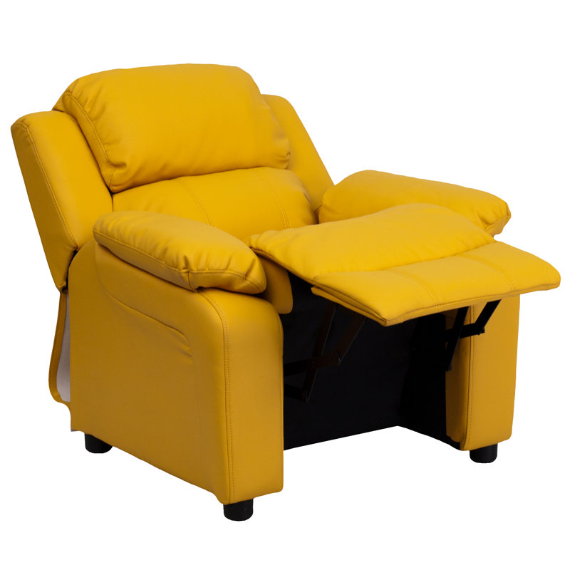 Degeorge Deluxe Padded Contemporary Kids Recliner with Storage Arms, Yellow Vinyl