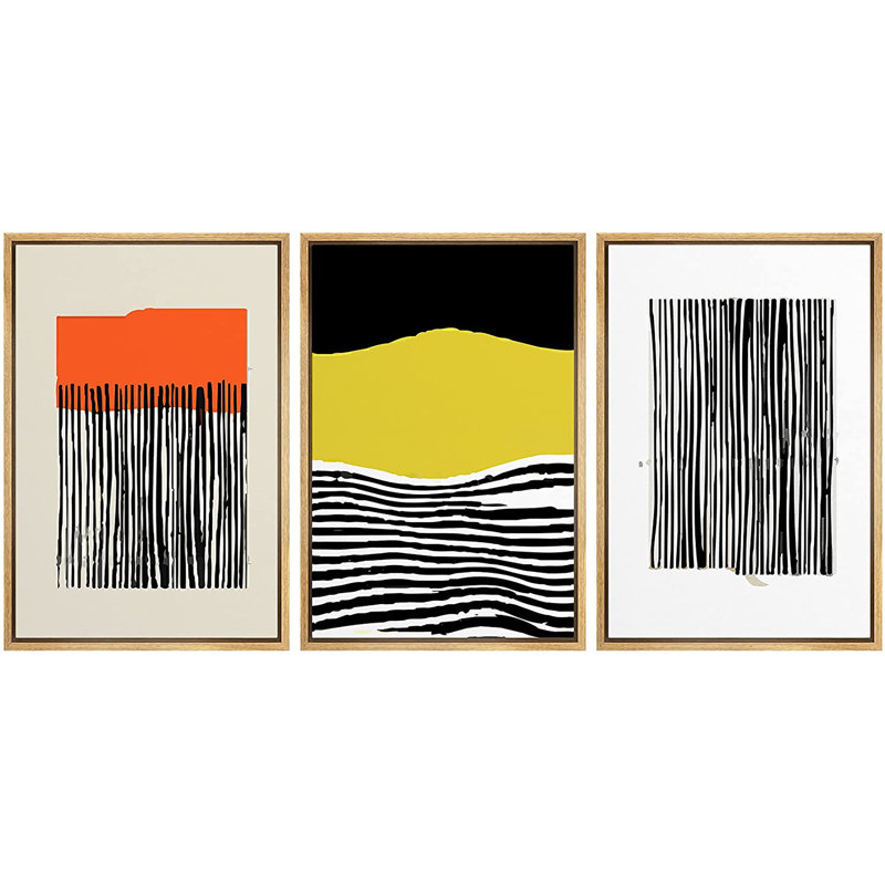 Abstrait abstrait aux couleurs vives, art au trait noir / jaune, art boho encadré 3 pièces, Toile avec cadre brun