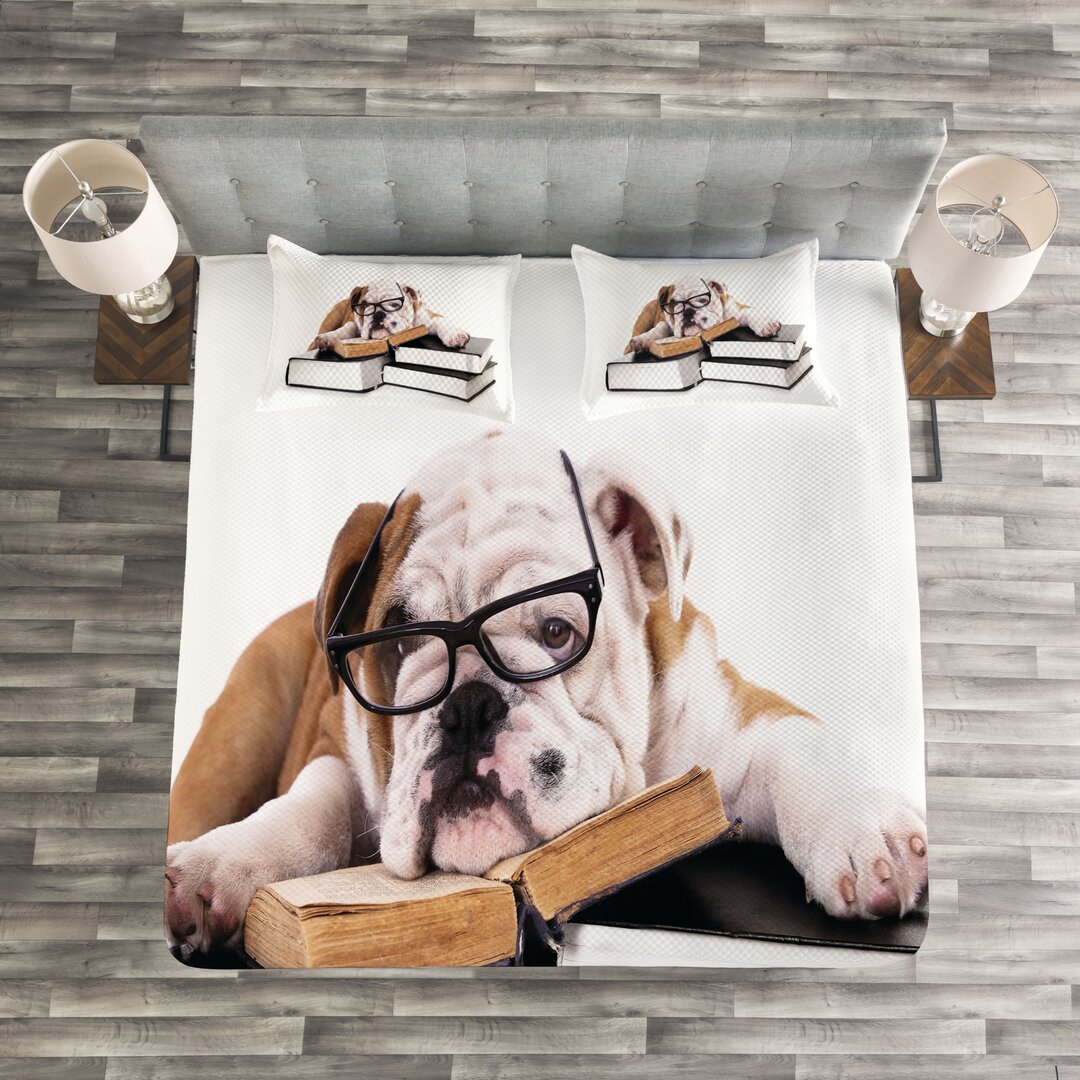 Gestepptes Bettdecken-Set, Brille Hund, Englische Bulldogge, Schwarz Pale Brown White