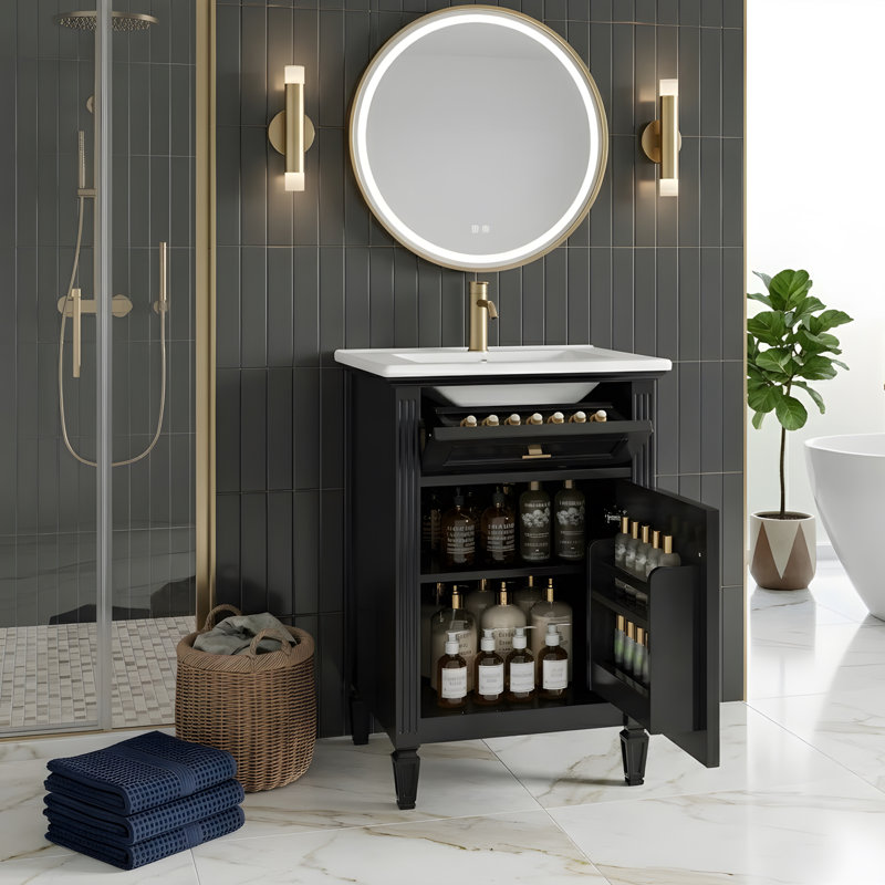 Meuble-lavabo 20 po avec armoire à porte et tiroirs inclinables, Noir