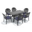 Ensemble de 7 chaises de jardin en fonte d'aluminium, structure noire, coussins bleus, design élégant avec motifs rectangulaires, revêtement haute température anticorrosion, assise confortable à hauteur adaptée.