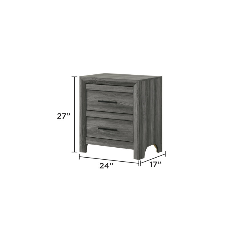 2 tables de chevet en bois gris au look moderne, tiroirs spacieux, mélange, poignées de tiroir noires, Grey