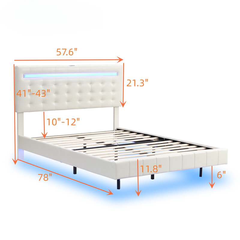 Full Size Floating Bed Frame With Led Lights And Usb Charging, White