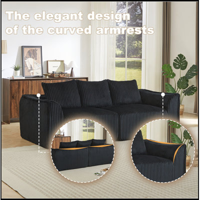 Minimalist Corduroy Sofa with Ergonomic Curved Backrest and Horn-Shaped Throw Pillows, Ideal for Comfort and Style