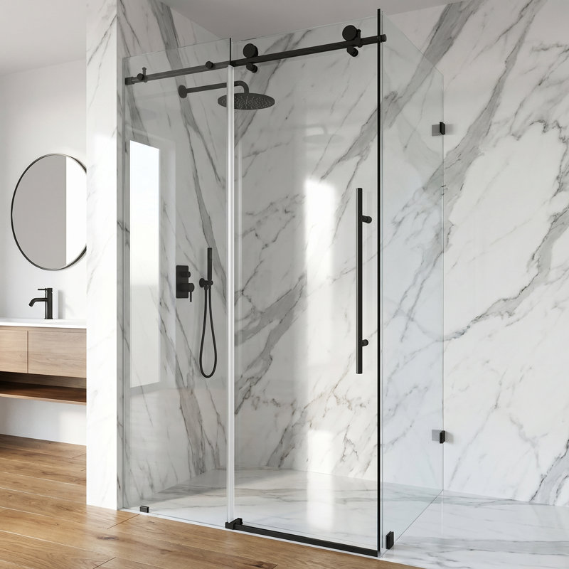 Elan E-class 46" W x 34" D x 76" H Sliding Frameless Shower Enclosure with 3/8" Clear Glass, Matte Black