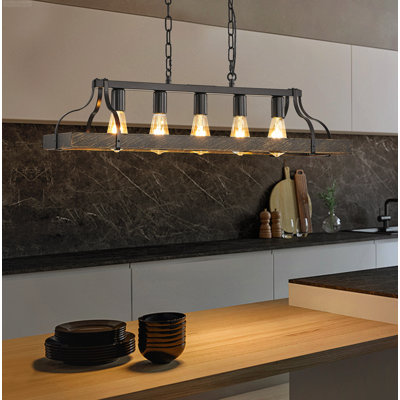 Lustre de cuisine de style industriel avec cadre linéaire à 5 lumières à hauteur réglable noir mat et doré