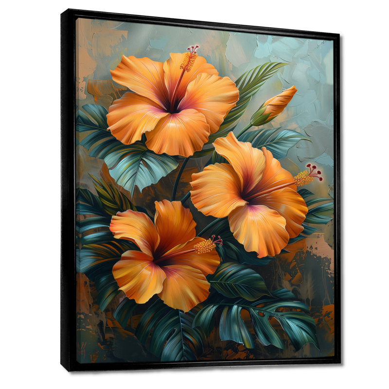 Décoration murale orange, vert et vibrant - Hibiscus, Cadre flottant noir, H 24 po x l 32 po