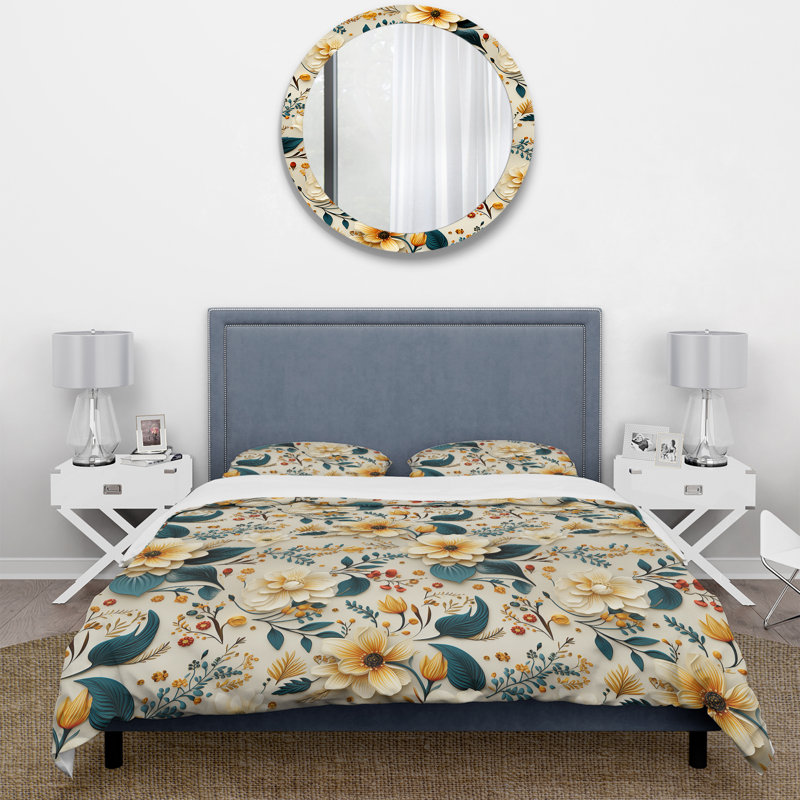 Literie de fleurs de jardin jaune et verte intemporelle, Housse de couette pour grand lit et 2 taies décor