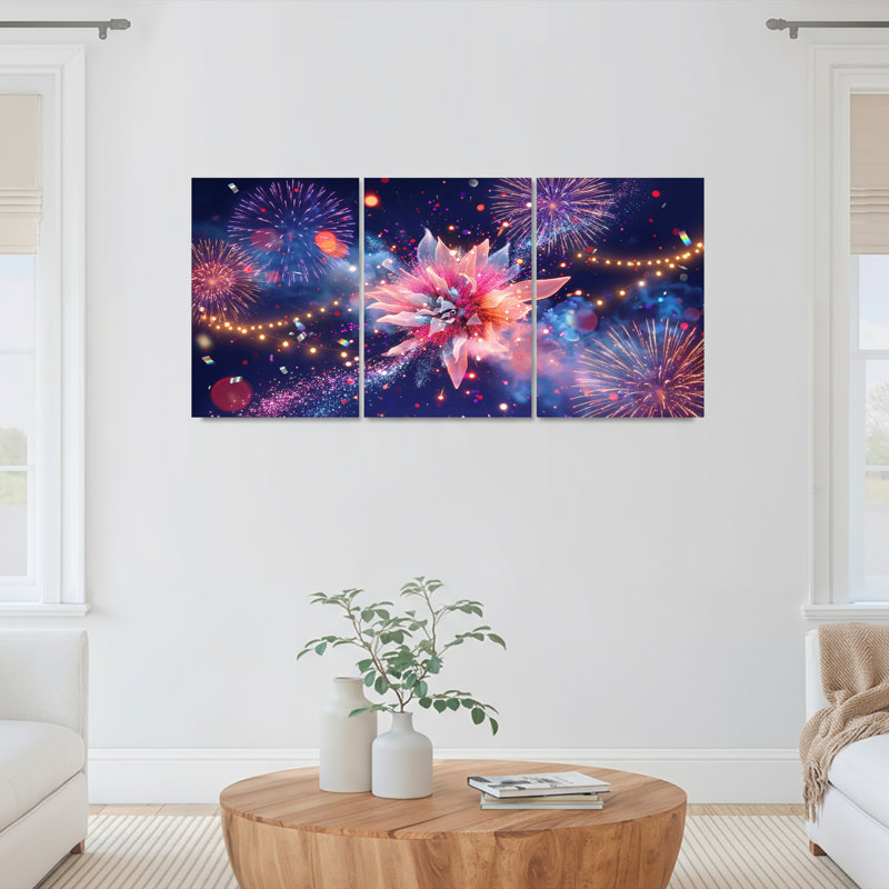 Feux d'artifice et floraison florale sur toile tendue, ensemble de 3 reproductions d'art, 1218