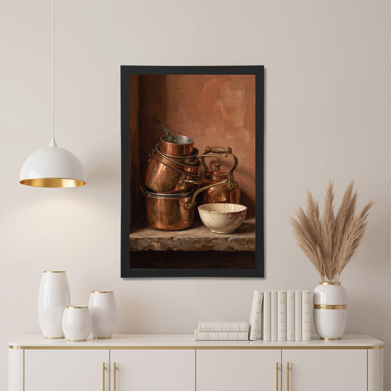 «Rustic Copper Pots and Kettle with Cracked Bowl», art mural sur toile, H 24 po x l 16 po