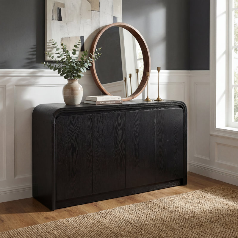 Curved Edge 55.12" Width MDF 4-Door Buffet Storage Cabinet, Black