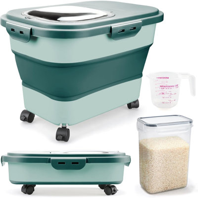 Conteneurs de stockage de riz, distributeur de bacs de rangement pliables de 9 à 14 kg avec roulettes et couvercle transparent hermétique, sans BPA, pour farine, sucre, céréales et aliments pour chiens et chats.