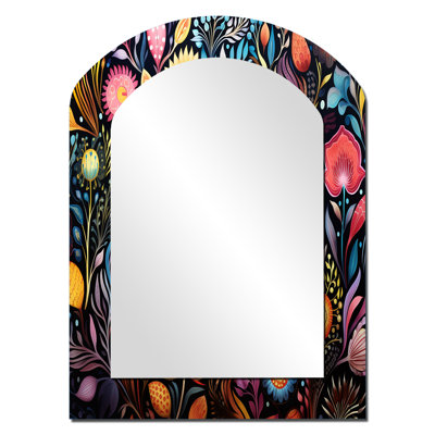 Motif Coral Marine Treasures - miroir mural asymétrique corail, miroir décoratif arqué jaune, impression d'art en métal