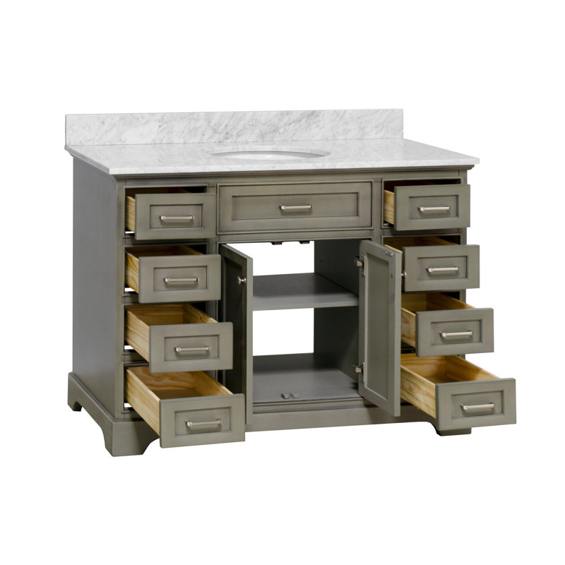 Ronnie 22" D x 35" H Single Bathroom Vanity with Weathered Grey Cabinet and Carrara Marble Countertop, Carrara Marble