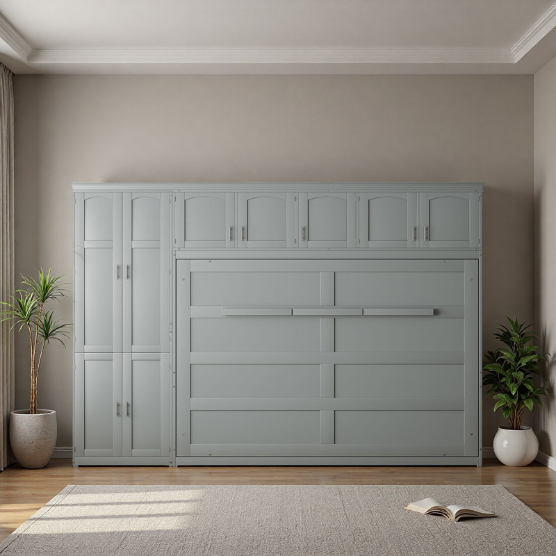 Grand lit escamotable mural avec armoires, Gris