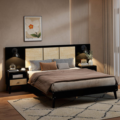 Structure de lit en rotin et bois avec lampes