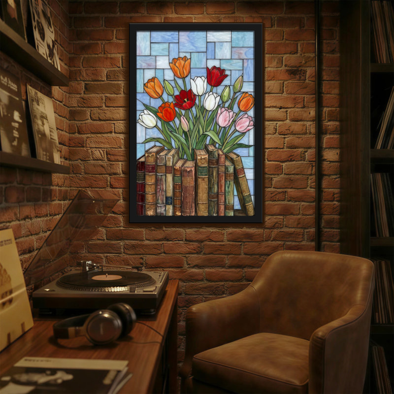 Motif de vitrail de plantes et de fleurs dans des livres, H 18 po x l 12 po