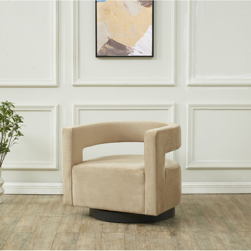 Keegan Upholstered Swivel Barrel Chair, Light Brown Velvet, Black
