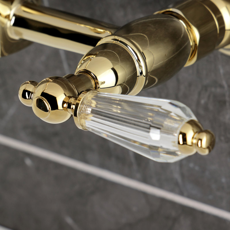 Kingston Brass Double-Handle 2-Hole Wall-Mount Bridge Kitchen Faucet, Lever Handle, Polished Brass