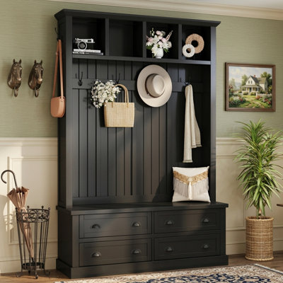 51.13" Wide Hall Tree with Bench, 6 Hooks, 4 Storage Drawers, Open Cubbies, Traditional, Entryway