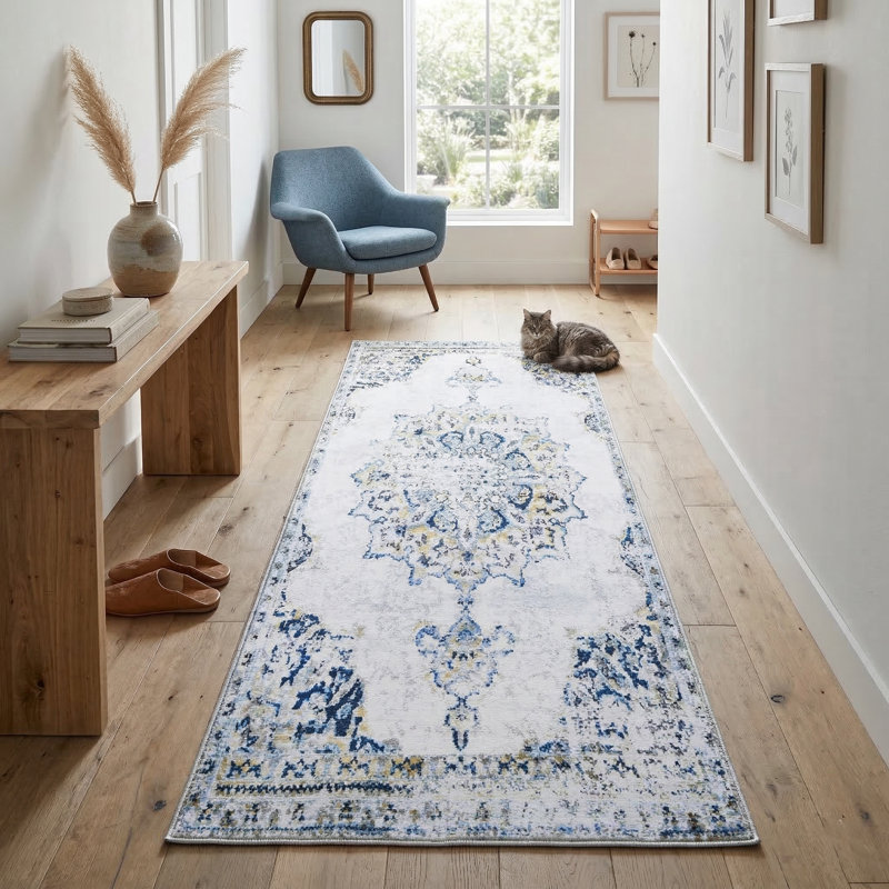 Floranne Oriental Non-Slip Machine Washable Vintage Area Rug in Blue/Yellow/Cream for Living Room, Bedroom, Hallway Runner Indoor Rugs (2'×6')