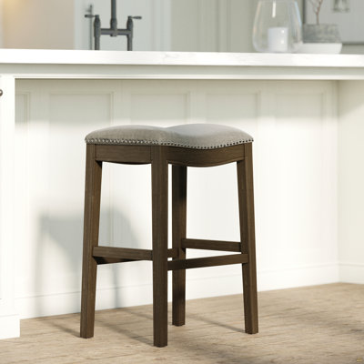 31In. Saddle Distressed Espresso Wood Bar-Height Barstool With Smoke Grey Fabric, 1PC