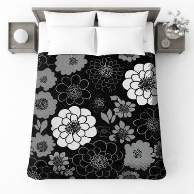 Couvre-lit matelassé à imprimé floral noir toutes tailles