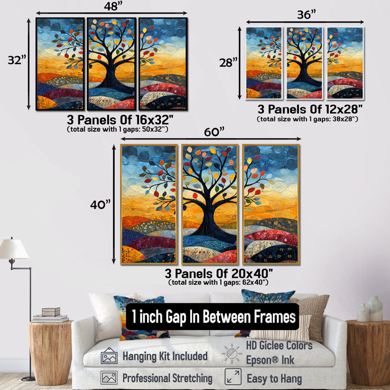 Ensemble d'art mural orange arbre de vie II - Arbre de vie orange, Toile avec cadre flottant noir, H 28 po x l 36 po x P 1 po