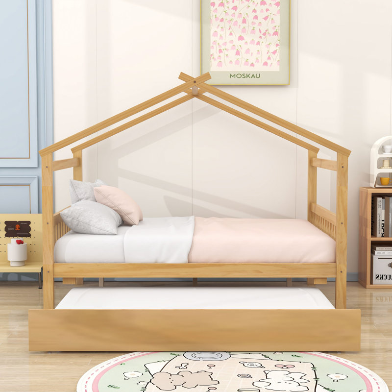Lit en bois avec lit gigogne escamotable, Naturel , Double