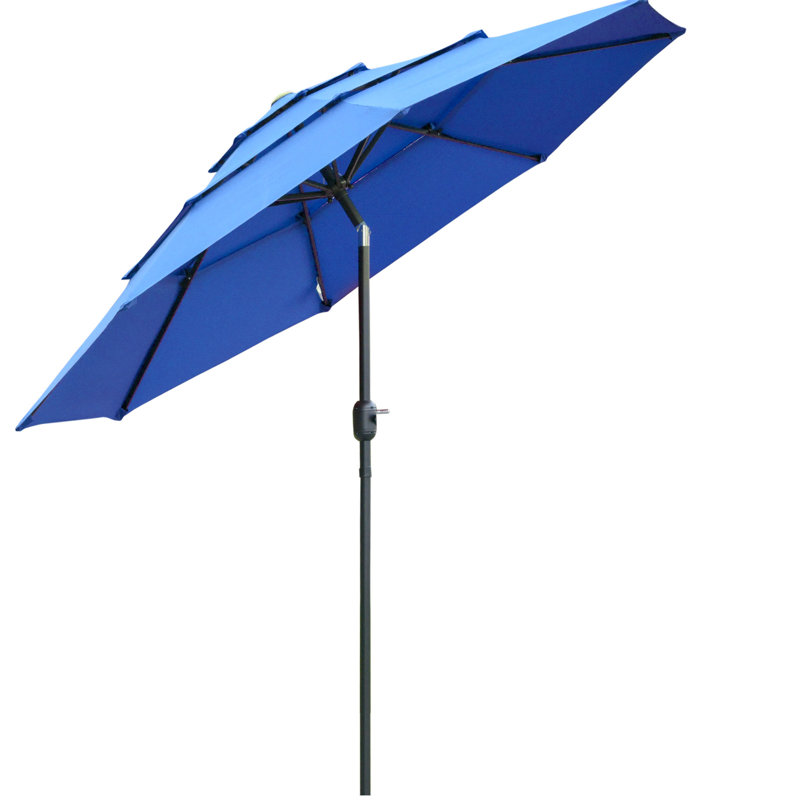 Parasol de patio 9 pi avec auvent bleu foncé et inclinable, pour la pelouse de jardin 9 pi 3 po - Cour arrière inclinable à manivelle, pelouse, espace