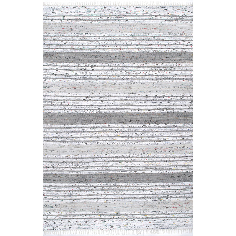 Tapis rayé en coton tissé à plat à la main en gris, Rectangulaire 3 pi x 5 pi
