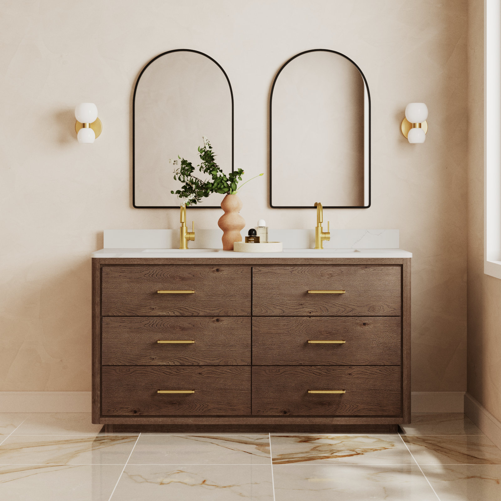 Porto 60'' Double Bathroom Vanity, Dark Brown Oak, Gold