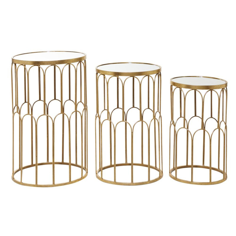 Etchison 3 Piece Gold Metal Accent Table with Mirrored Glass Top Set, 22", 25", 28"H